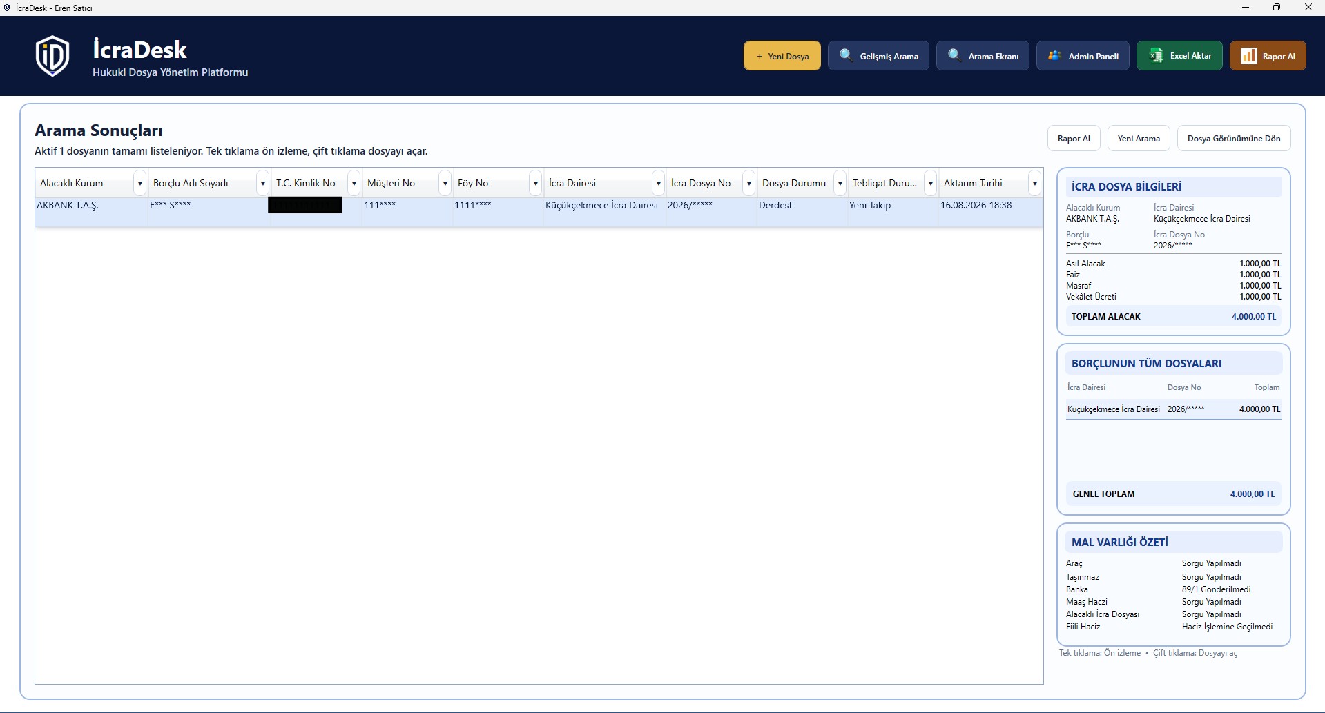IcraDesk arama sonuçları ekranı